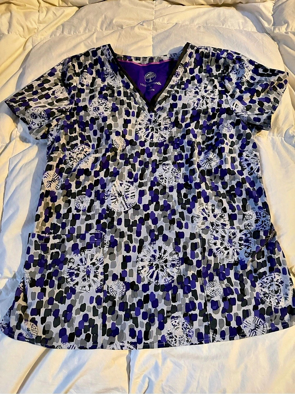 Healing Hands HH Works Amanda Printed Scrub Top Blue & White